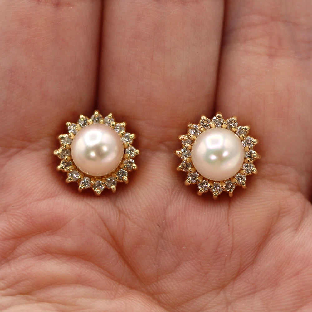 14K Yellow Gold, Pearl and Diamond Halo Stud Earrings