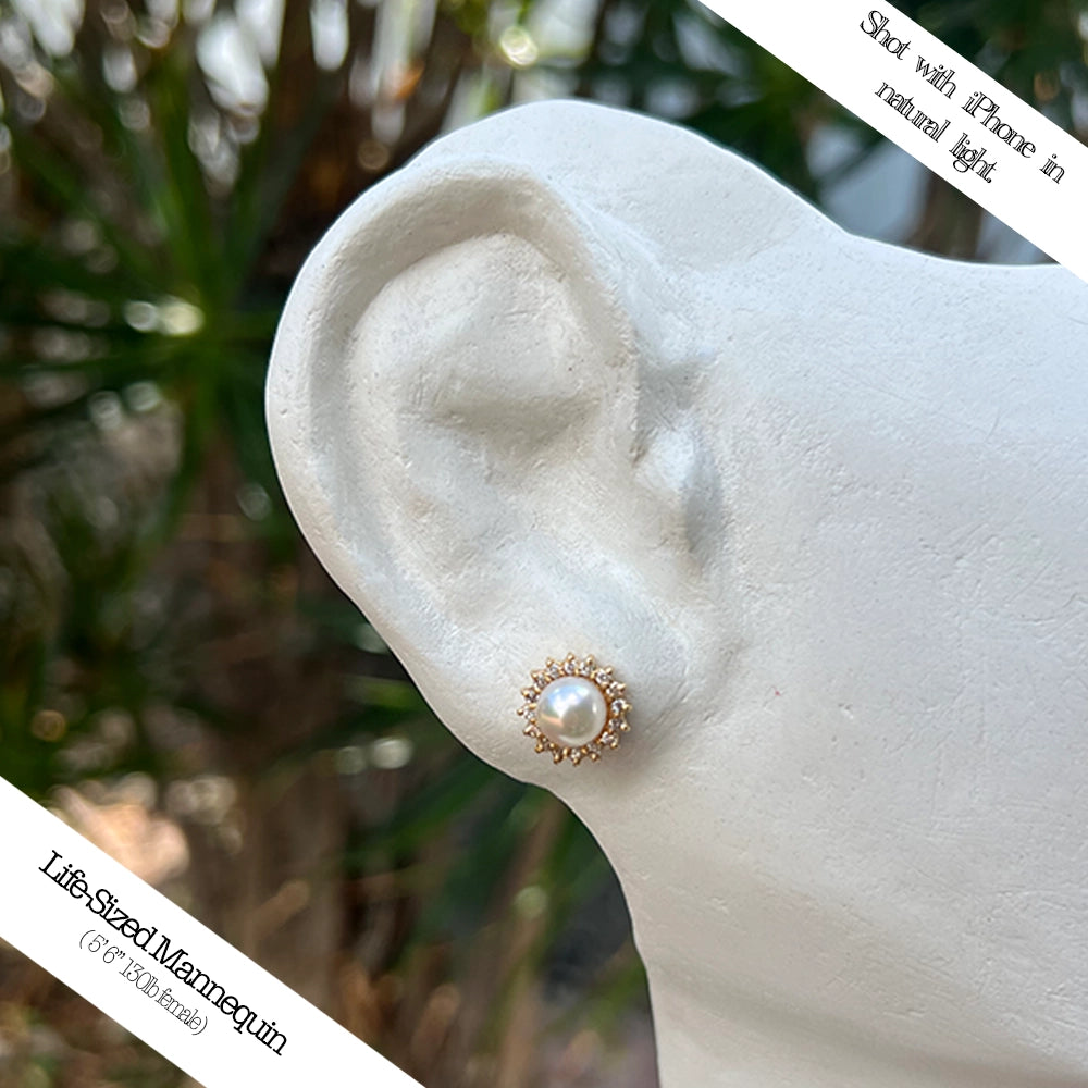 14K Yellow Gold, Pearl and Diamond Halo Stud Earrings