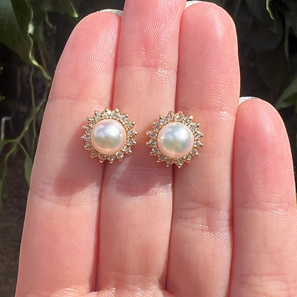 14K Yellow Gold, Pearl and Diamond Halo Stud Earrings