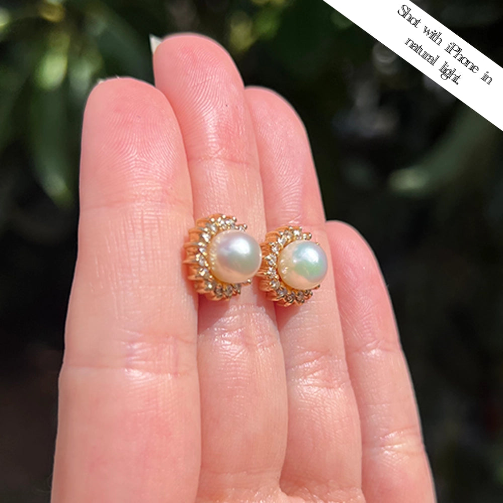 14K Yellow Gold, Pearl and Diamond Halo Stud Earrings