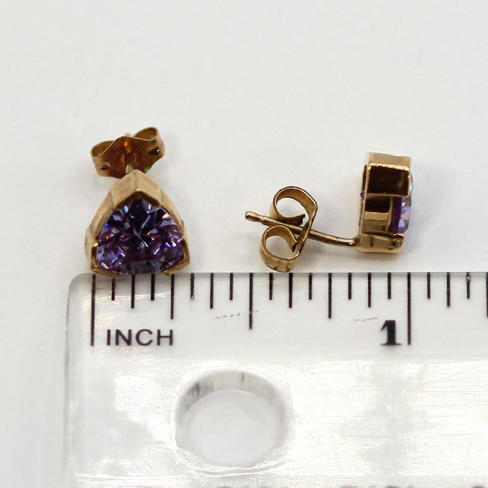 14K Yellow Gold Trillion Cut Lavender CZ Stud Earrings