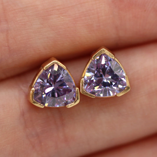 14K Yellow Gold Trillion Cut Lavender CZ Stud Earrings