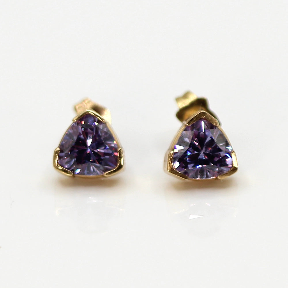 14K Yellow Gold Trillion Cut Lavender CZ Stud Earrings