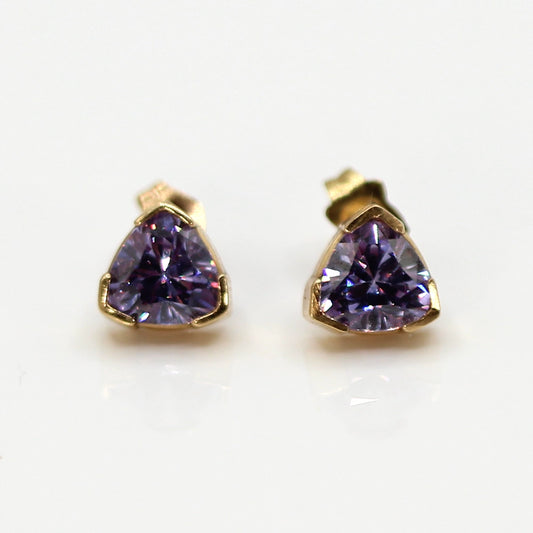 14K Yellow Gold Trillion Cut Lavender CZ Stud Earrings