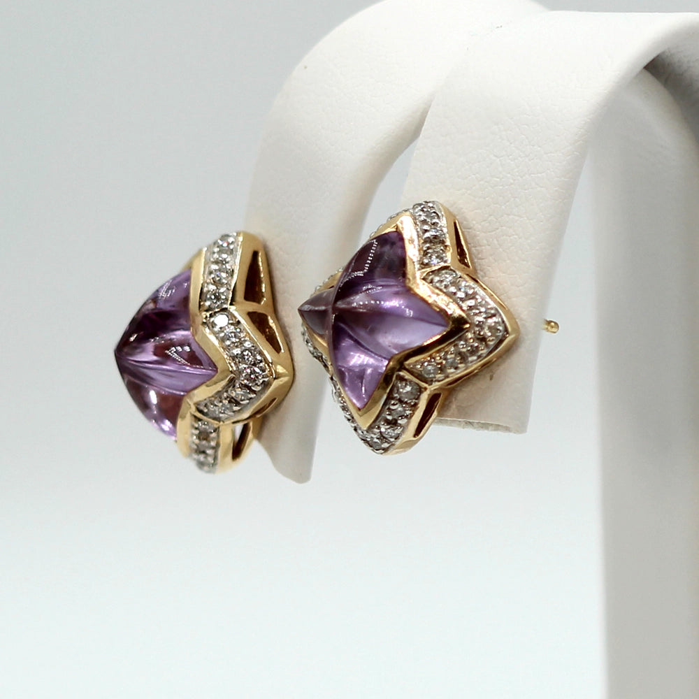 Special Cut Amethyst Stud Earrings with 14K Yellow Gold and Diamonds