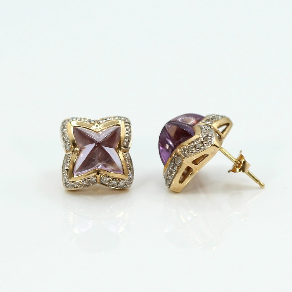 Special Cut Amethyst Stud Earrings with 14K Yellow Gold and Diamonds