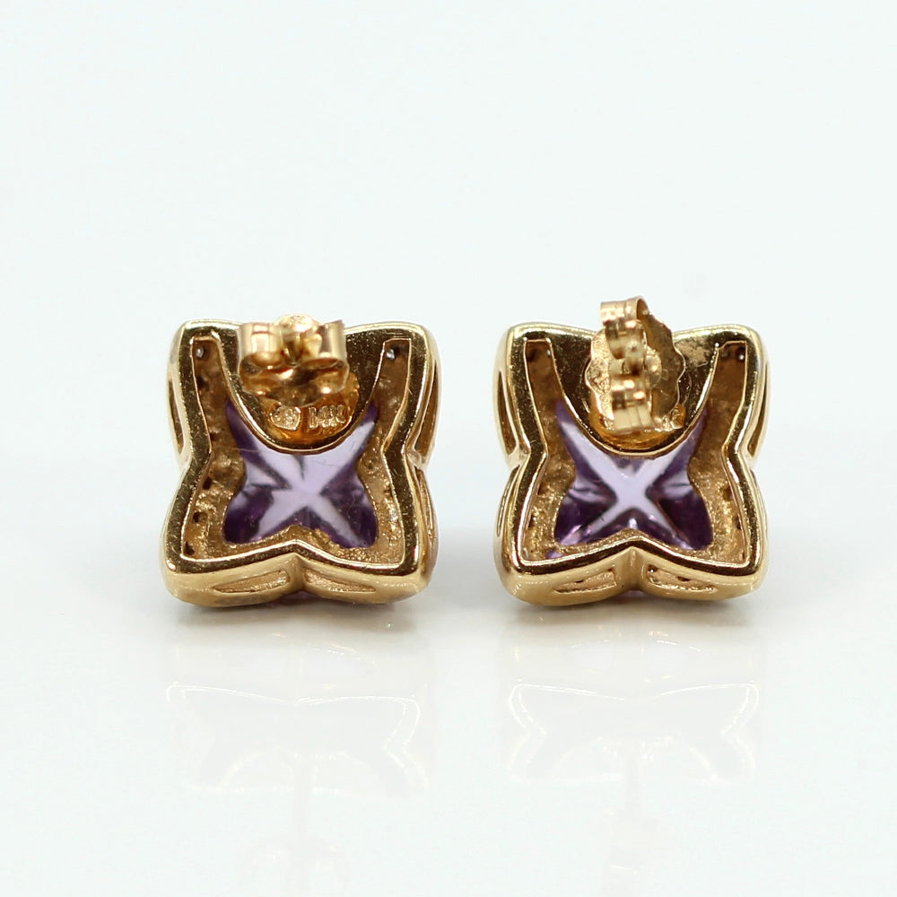 Special Cut Amethyst Stud Earrings with 14K Yellow Gold and Diamonds