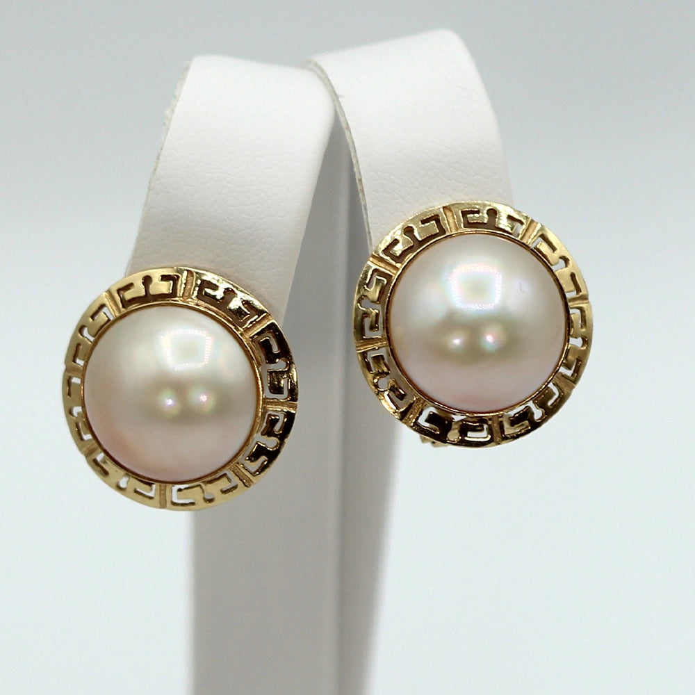 Vintage 14K Yellow Gold Mabe Pearl and Greek Key Earrings