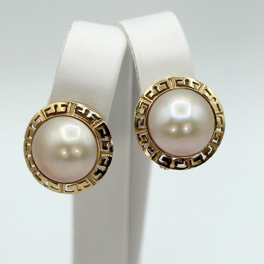 Vintage 14K Yellow Gold Mabe Pearl and Greek Key Earrings