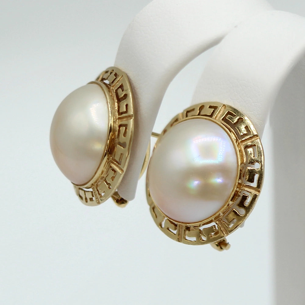 Vintage 14K Yellow Gold Mabe Pearl and Greek Key Earrings
