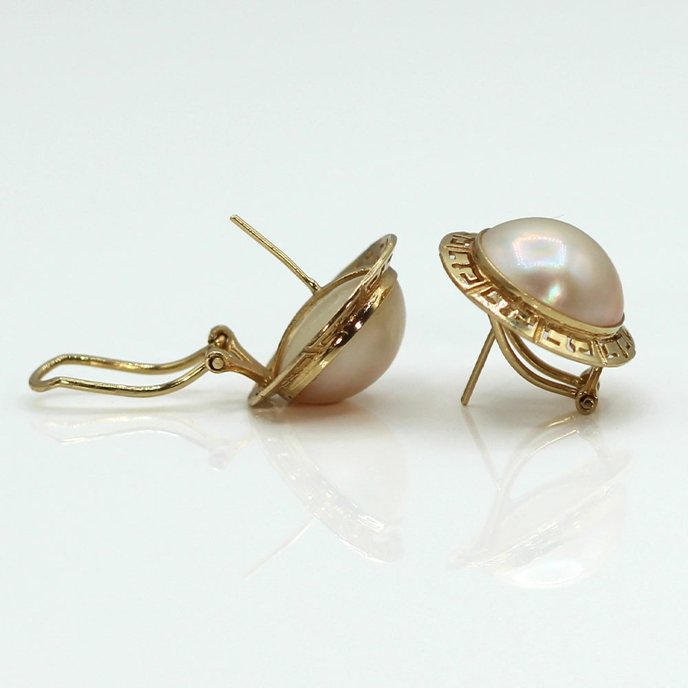 Vintage 14K Yellow Gold Mabe Pearl and Greek Key Earrings
