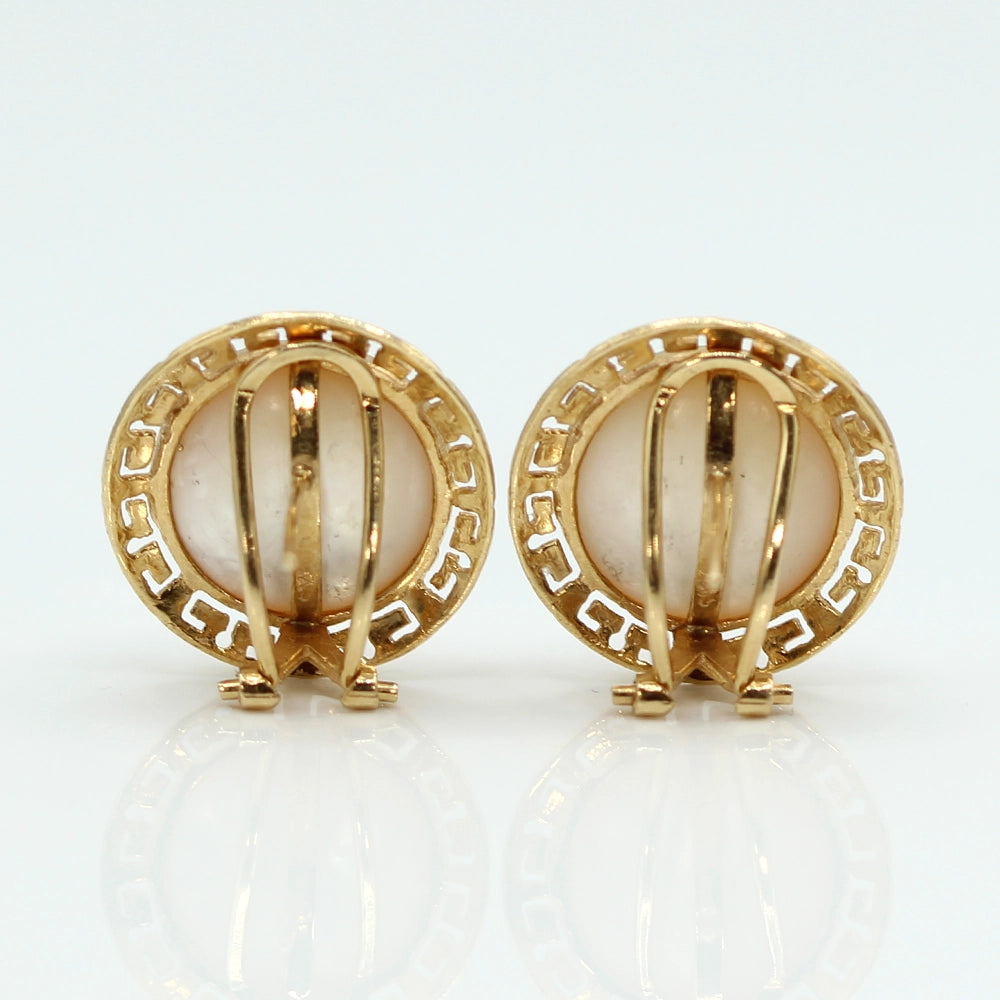 Vintage 14K Yellow Gold Mabe Pearl and Greek Key Earrings