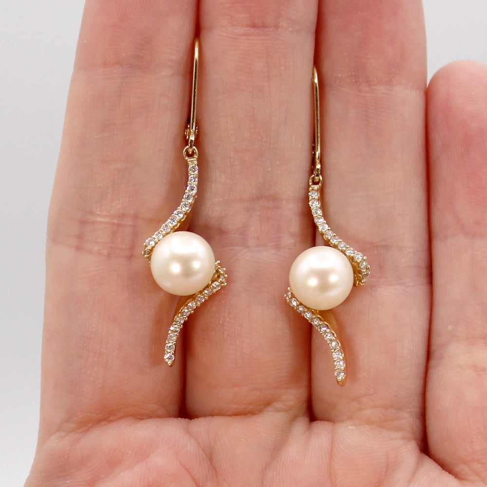 14K Yellow Gold Pearl and Diamond Twist Earrings with Lever Backs