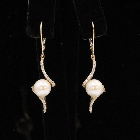 14K Yellow Gold Pearl and Diamond Twist Earrings with Lever Backs