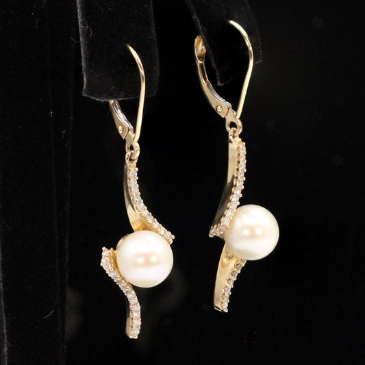 14K Yellow Gold Pearl and Diamond Twist Earrings with Lever Backs