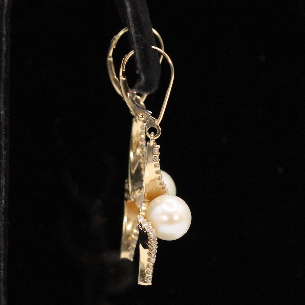 14K Yellow Gold Pearl and Diamond Twist Earrings with Lever Backs