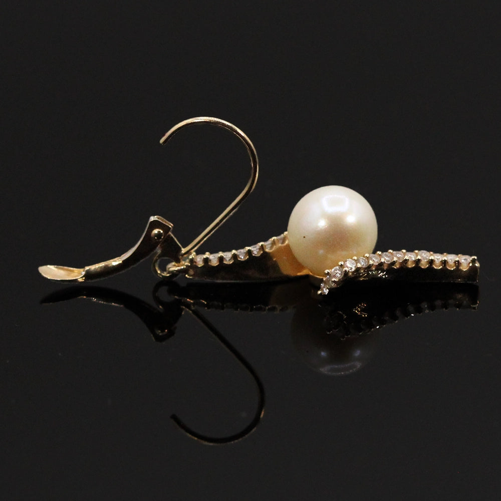 14K Yellow Gold Pearl and Diamond Twist Earrings with Lever Backs