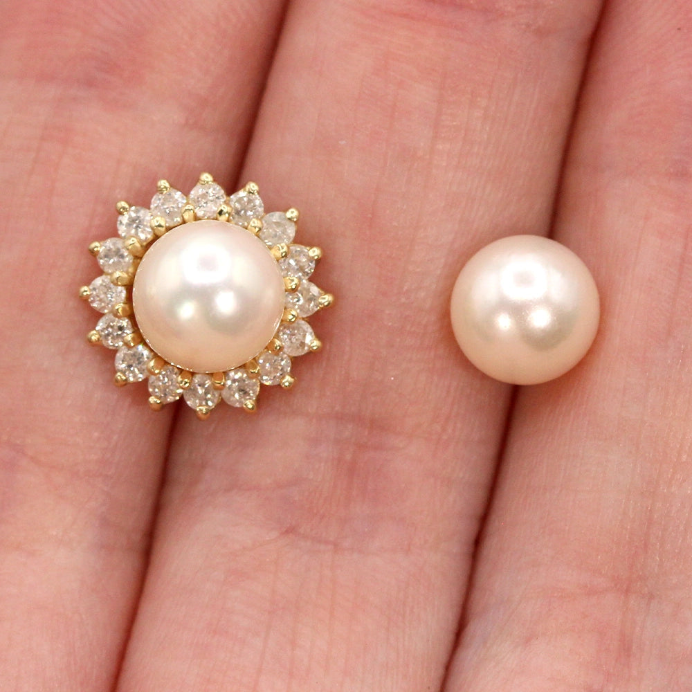 Convertible Pearl Stud Earrings with Removable Diamond and Gold Halos
