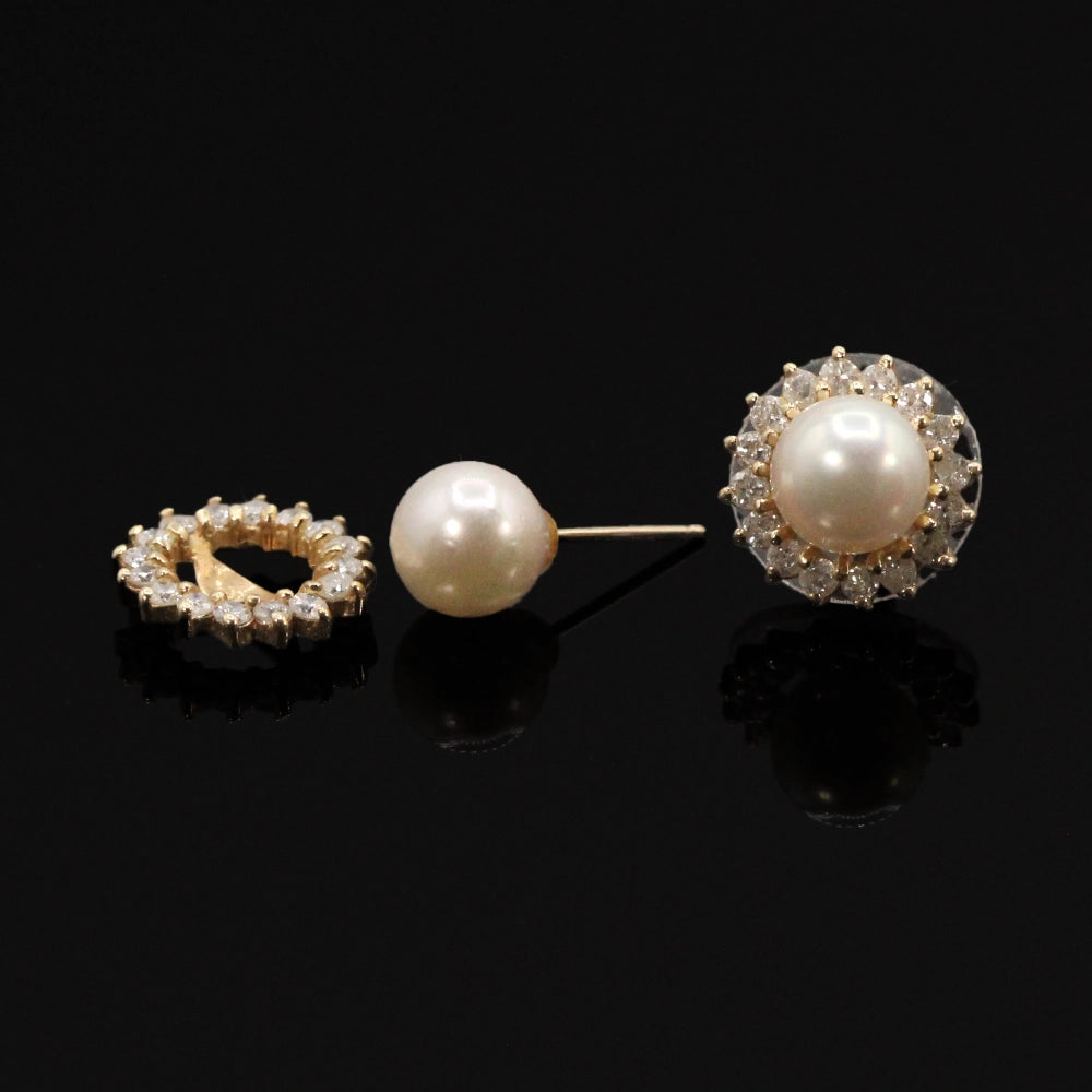 Convertible Pearl Stud Earrings with Removable Diamond and Gold Halos
