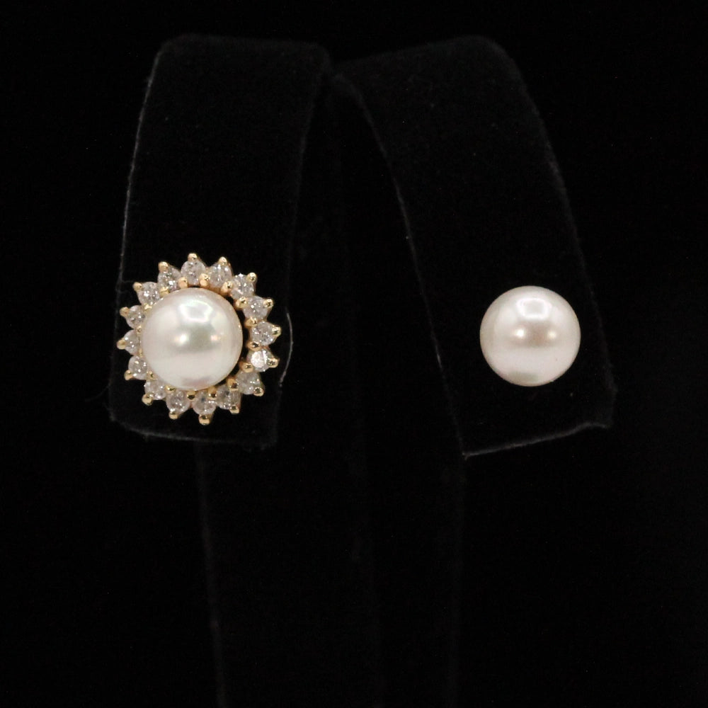 Convertible Pearl Stud Earrings with Removable Diamond and Gold Halos