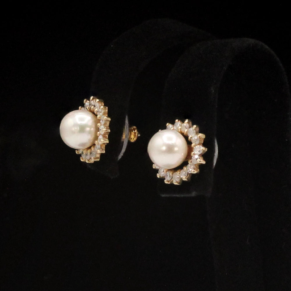 Convertible Pearl Stud Earrings with Removable Diamond and Gold Halos