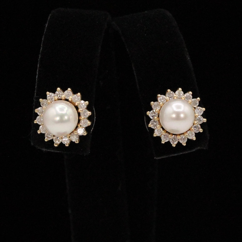 Convertible Pearl Stud Earrings with Removable Diamond and Gold Halos