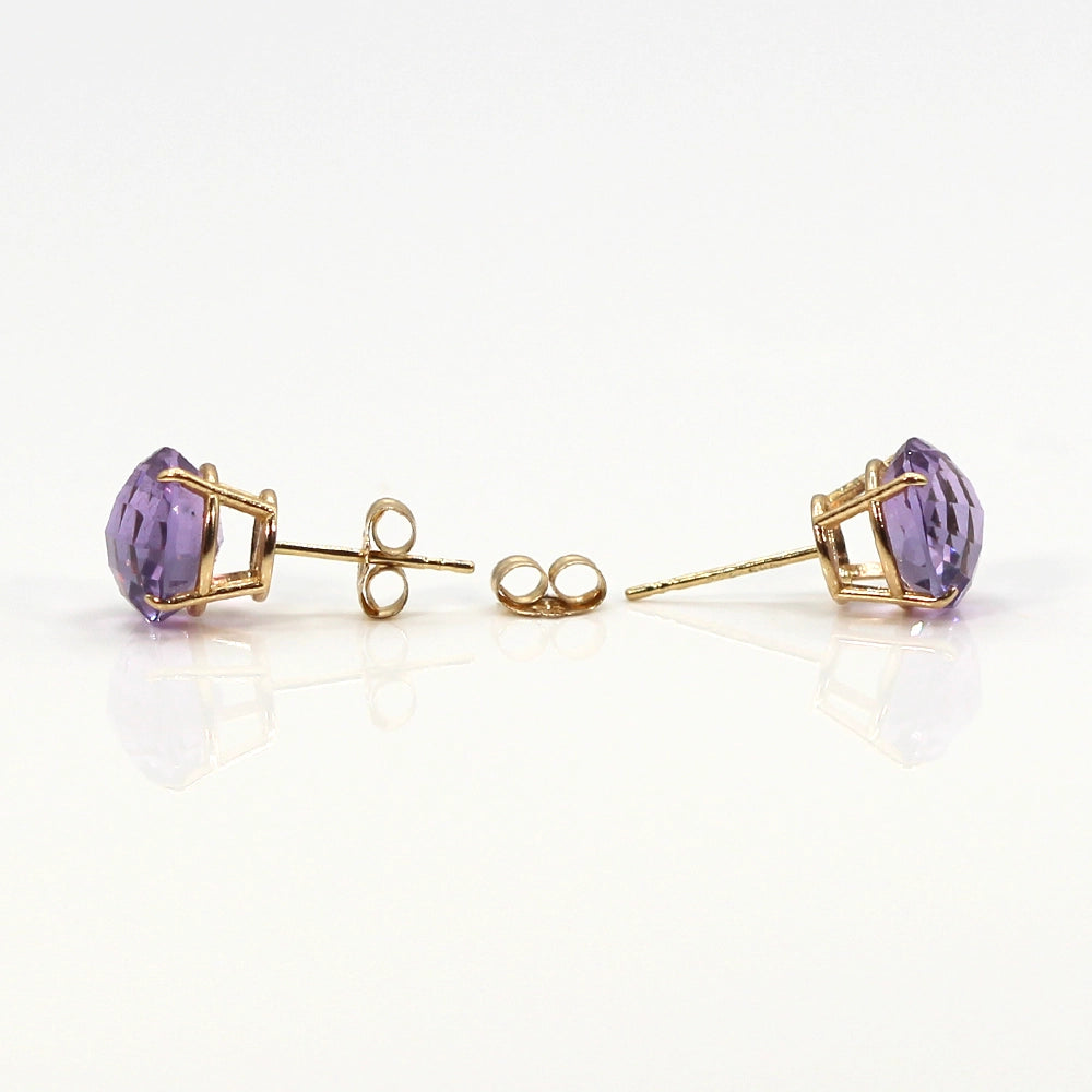 14K Yellow Gold and Chessboard Cut Amethyst Stud Earrings