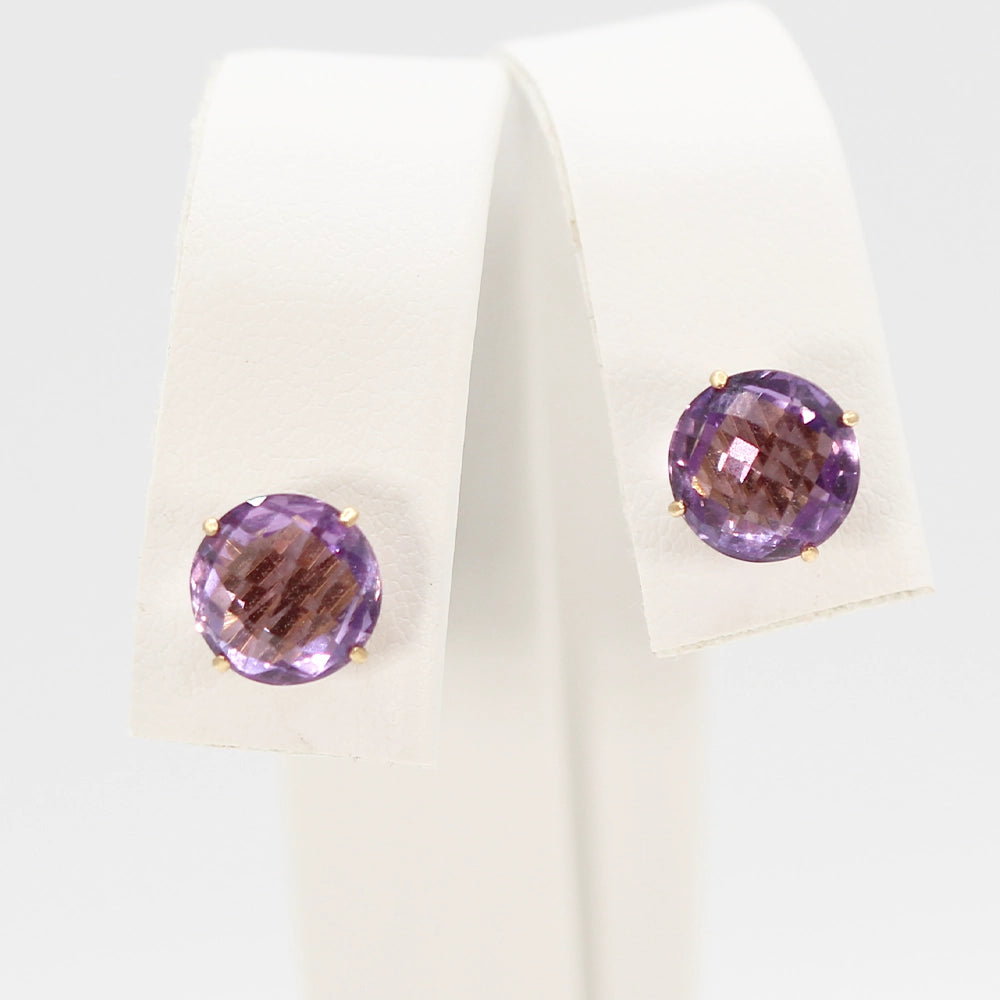 14K Yellow Gold and Chessboard Cut Amethyst Stud Earrings