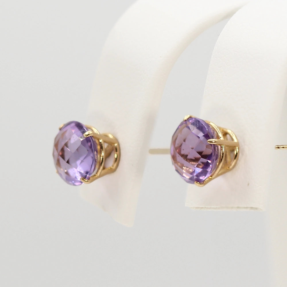 14K Yellow Gold and Chessboard Cut Amethyst Stud Earrings