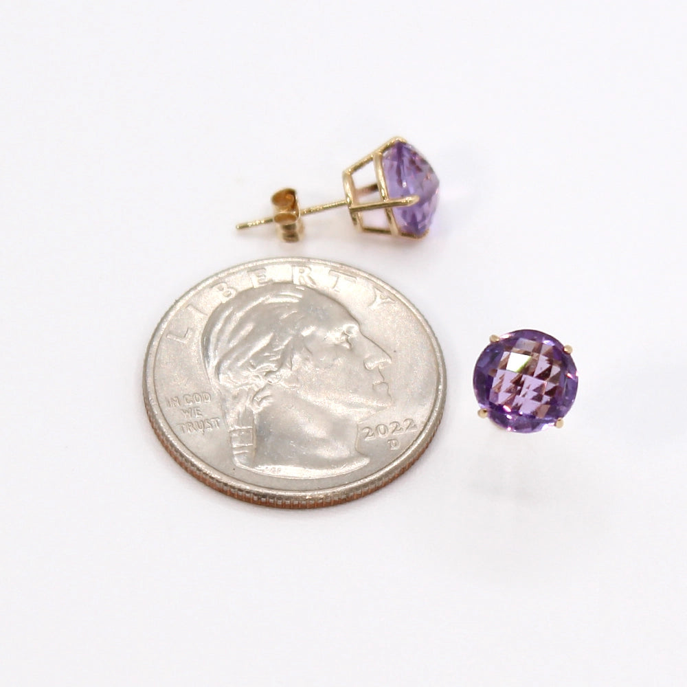 14K Yellow Gold and Chessboard Cut Amethyst Stud Earrings