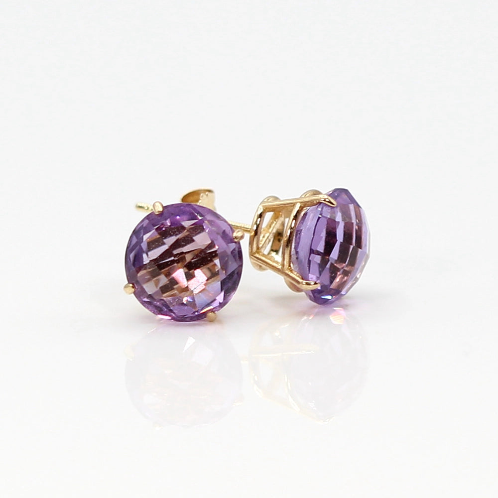 14K Yellow Gold and Chessboard Cut Amethyst Stud Earrings