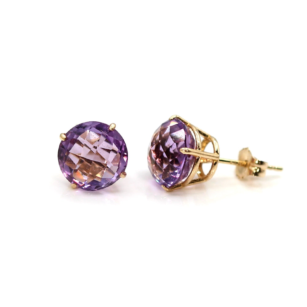 14K Yellow Gold and Chessboard Cut Amethyst Stud Earrings