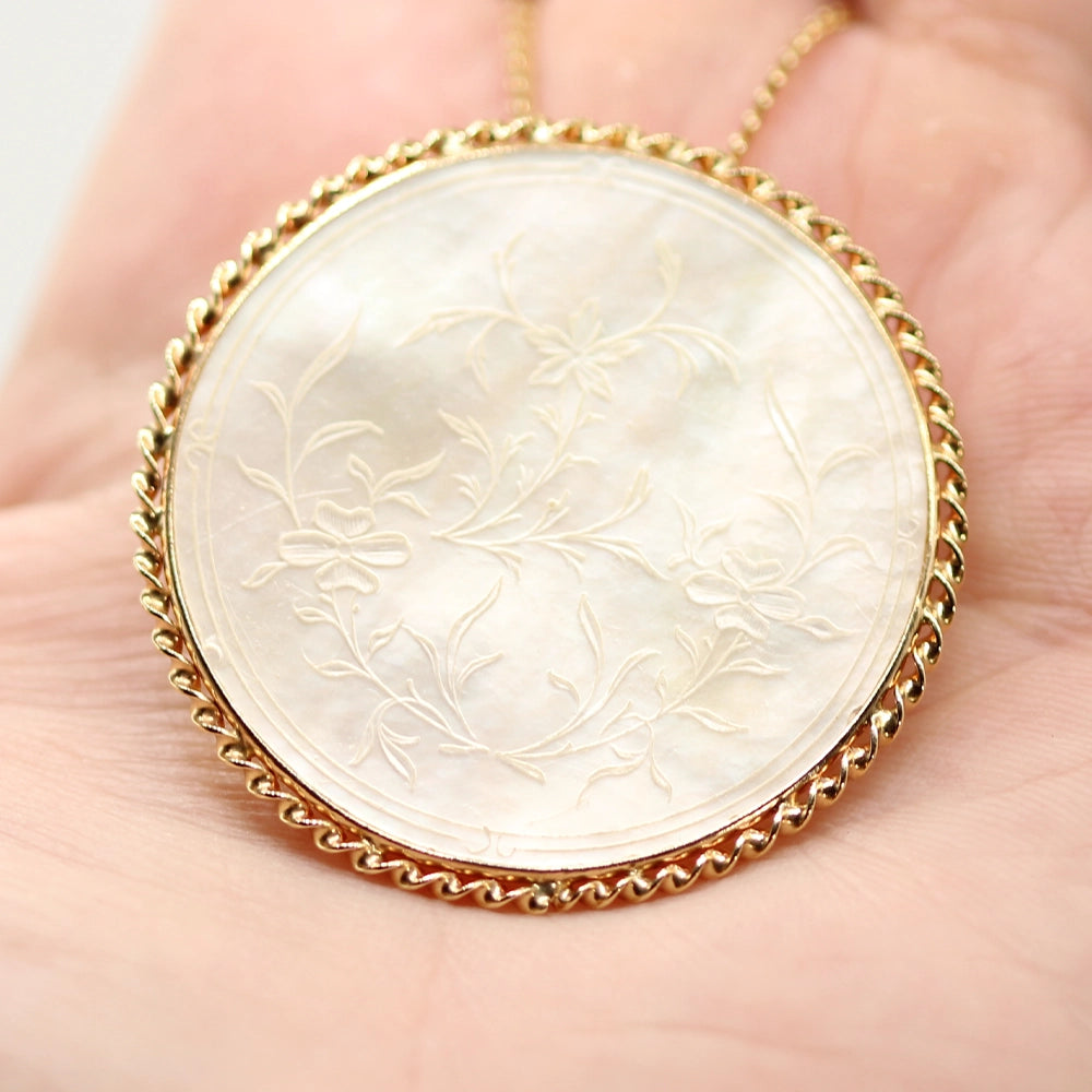 Antique 14K Yellow Gold Mother of Pearl Gaming Counter Pearl Enhancer Pendant