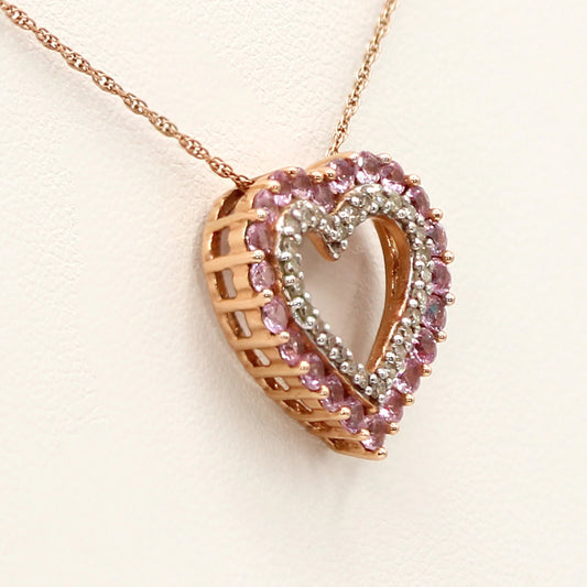 14K Rose Gold Diamond and Pink Tourmaline Heart Pendant with Chain
