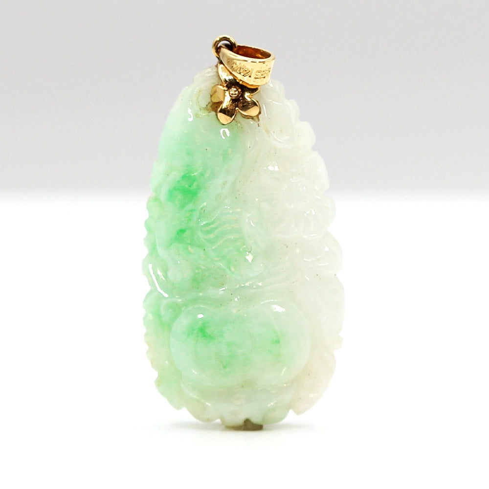 Carved Moss In Snow Jade Tiger and Flower Pendant with 14K Yellow Gold Bail