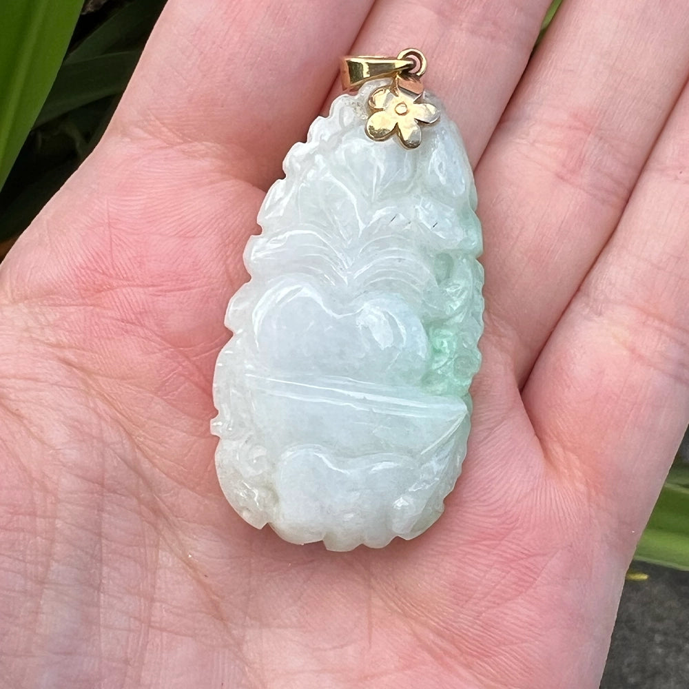 Carved Moss In Snow Jade Tiger and Flower Pendant with 14K Yellow Gold Bail