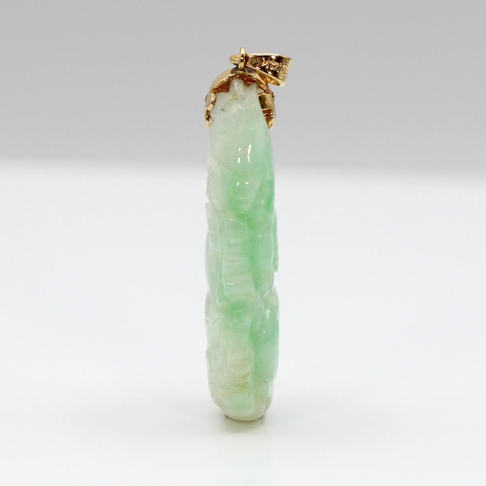 Carved Moss In Snow Jade Tiger and Flower Pendant with 14K Yellow Gold Bail