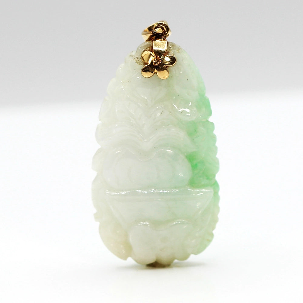 Carved Moss In Snow Jade Tiger and Flower Pendant with 14K Yellow Gold Bail
