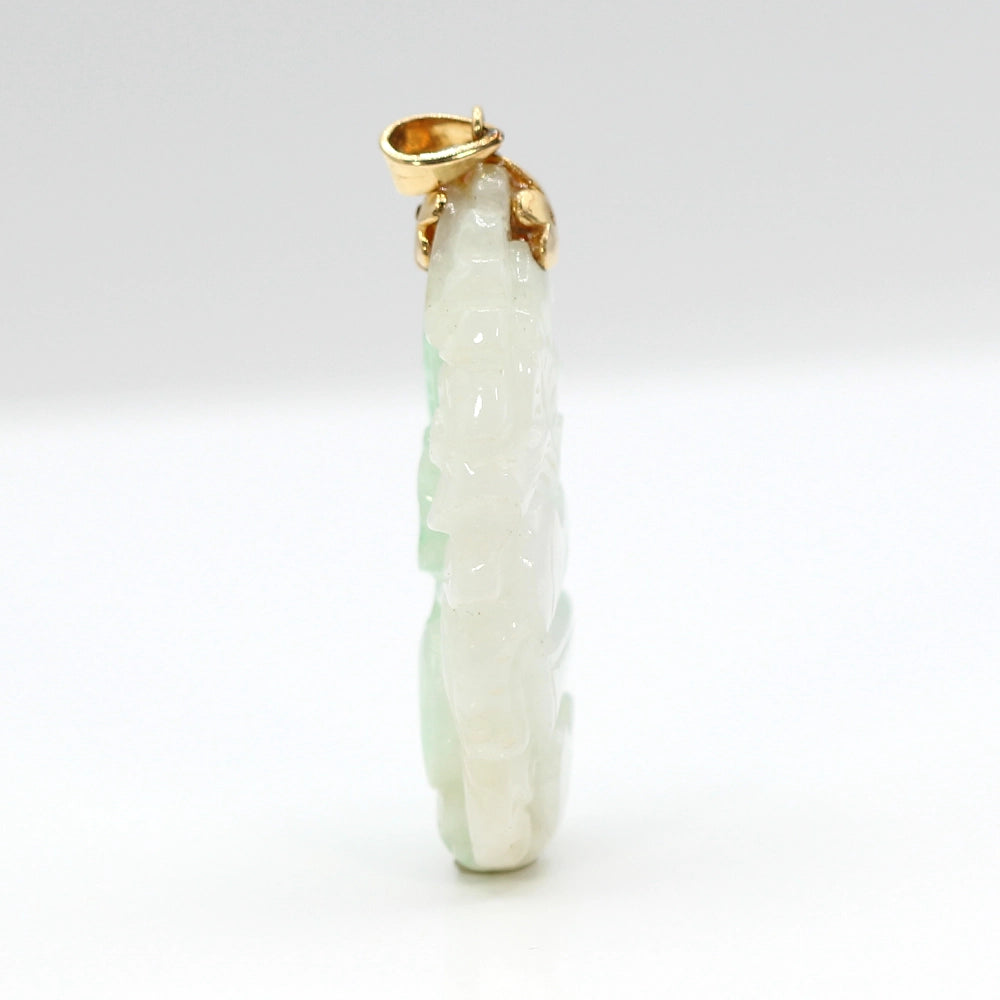 Carved Moss In Snow Jade Tiger and Flower Pendant with 14K Yellow Gold Bail