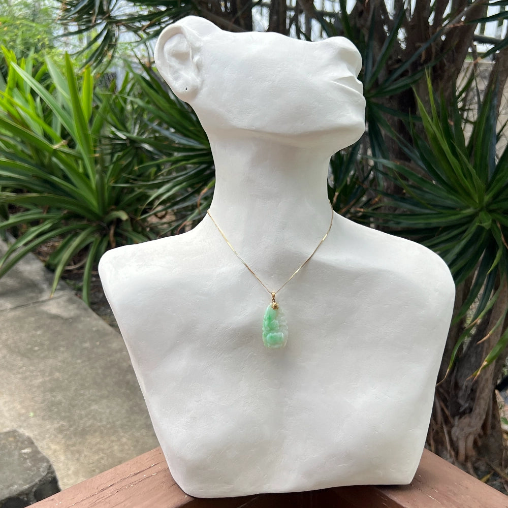 Carved Moss In Snow Jade Tiger and Flower Pendant with 14K Yellow Gold Bail