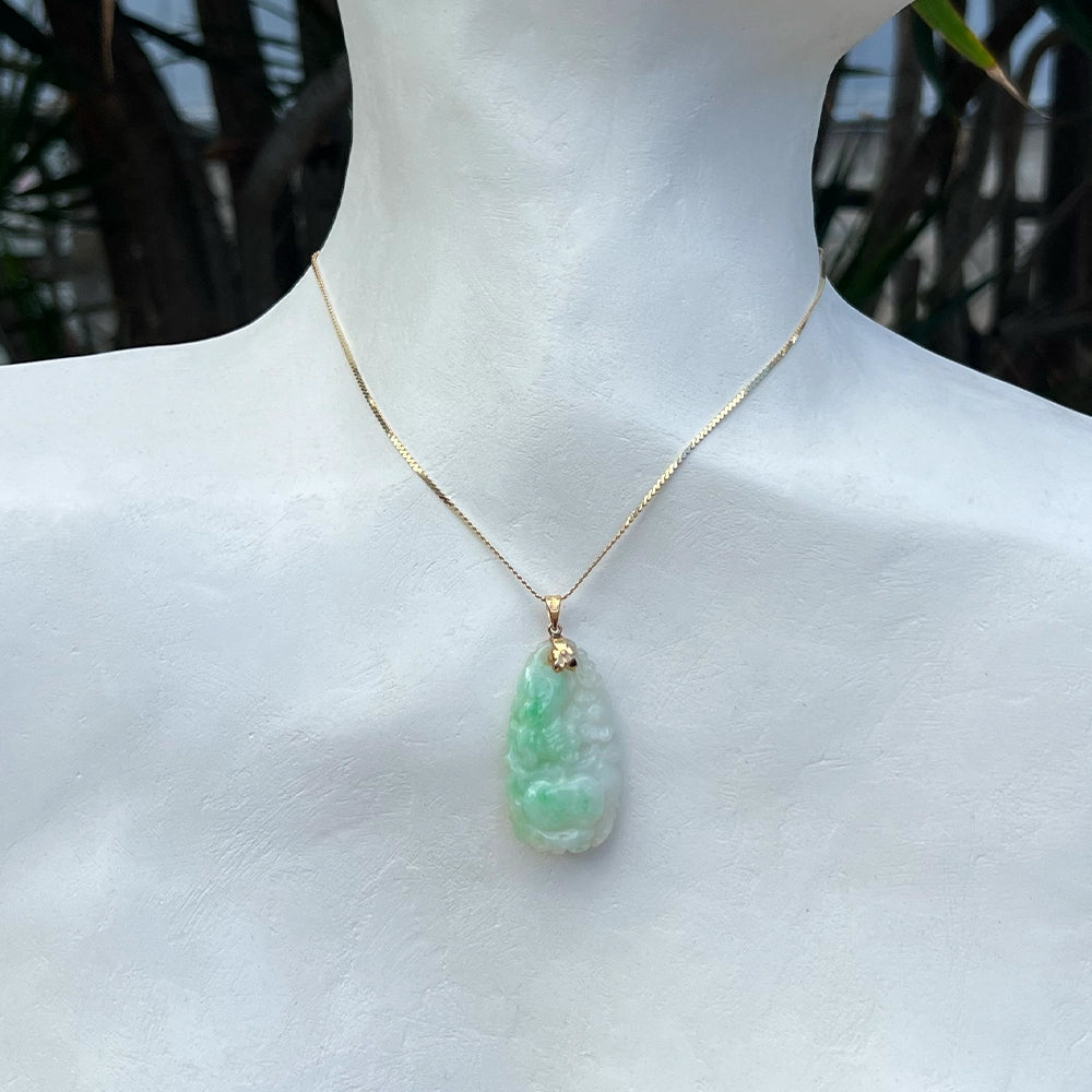 Carved Moss In Snow Jade Tiger and Flower Pendant with 14K Yellow Gold Bail