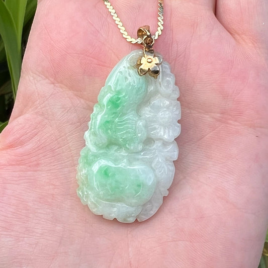 Carved Moss In Snow Jade Tiger and Flower Pendant with 14K Yellow Gold Bail