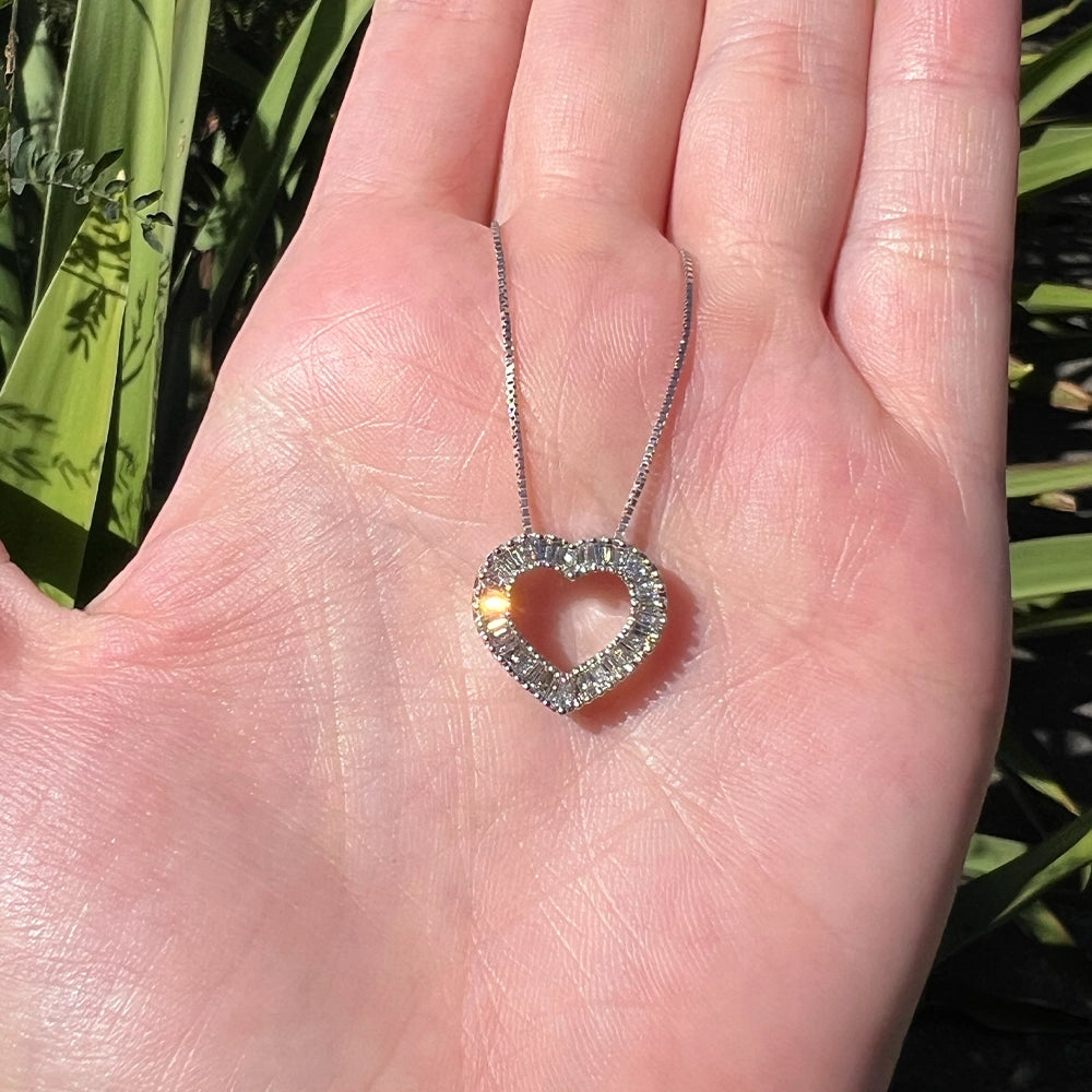 14K White Gold and Diamond Heart Pendant with 18 inch Box Chain