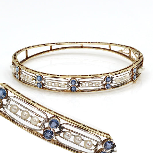 Vintage 14K Yellow Gold Pearl and Sapphire Bracelet SIZE 7