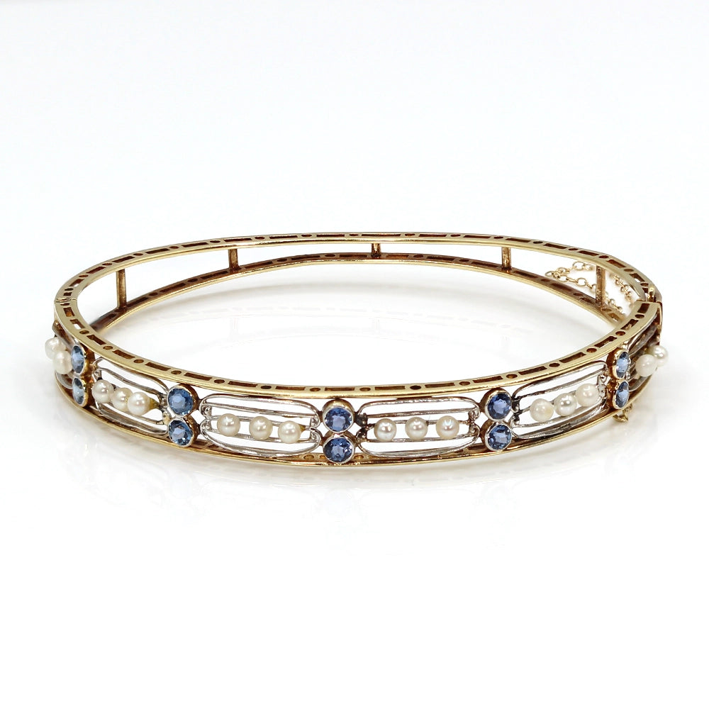 Vintage 14K Yellow Gold Pearl and Sapphire Bracelet SIZE 7