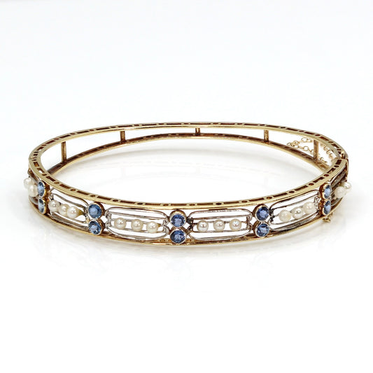 Antique 14K Yellow Gold Pearl and Sapphire Bracelet SIZE 7