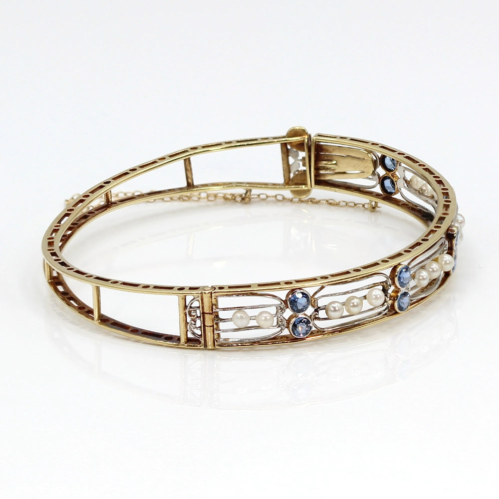 Vintage 14K Yellow Gold Pearl and Sapphire Bracelet SIZE 7