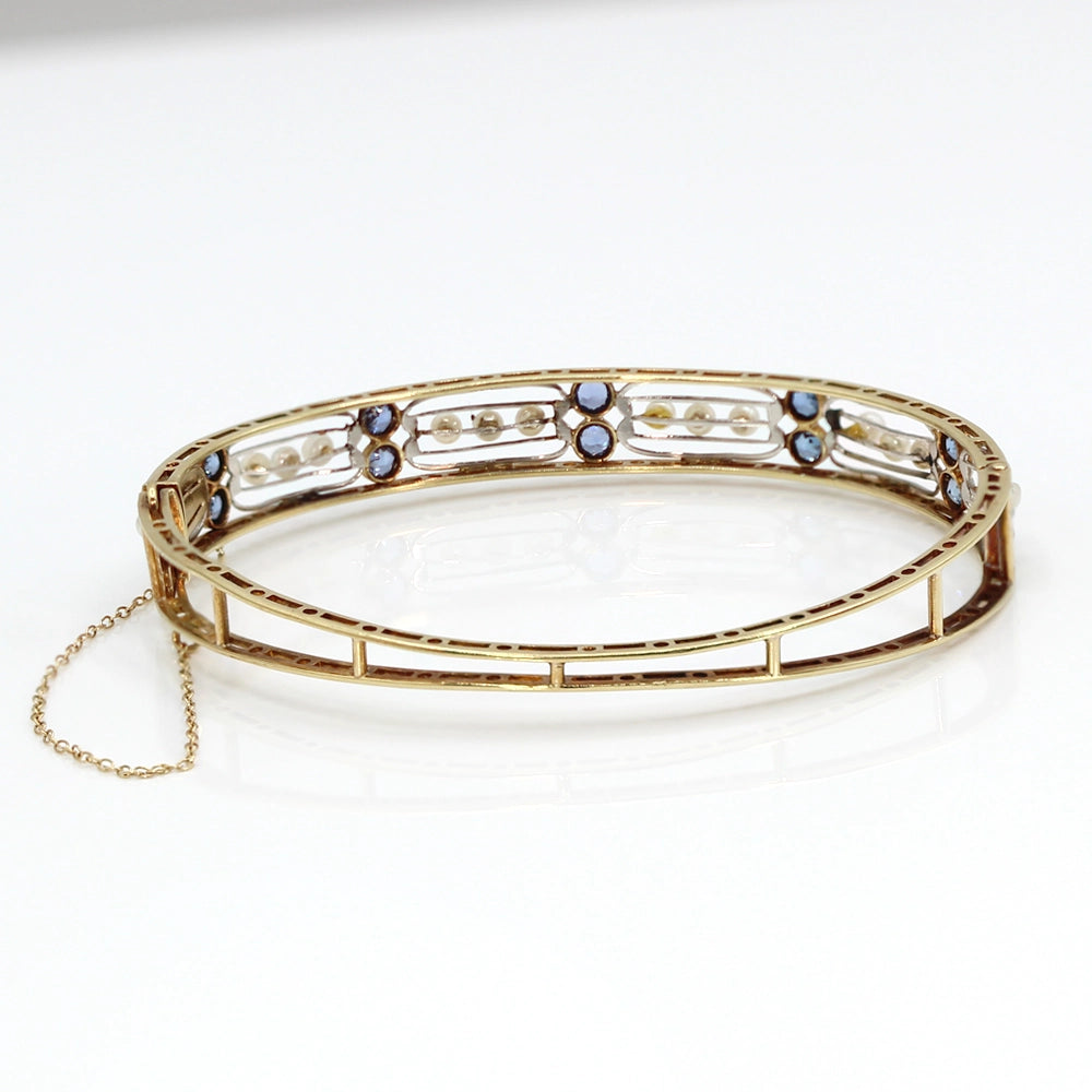 Vintage 14K Yellow Gold Pearl and Sapphire Bracelet SIZE 7