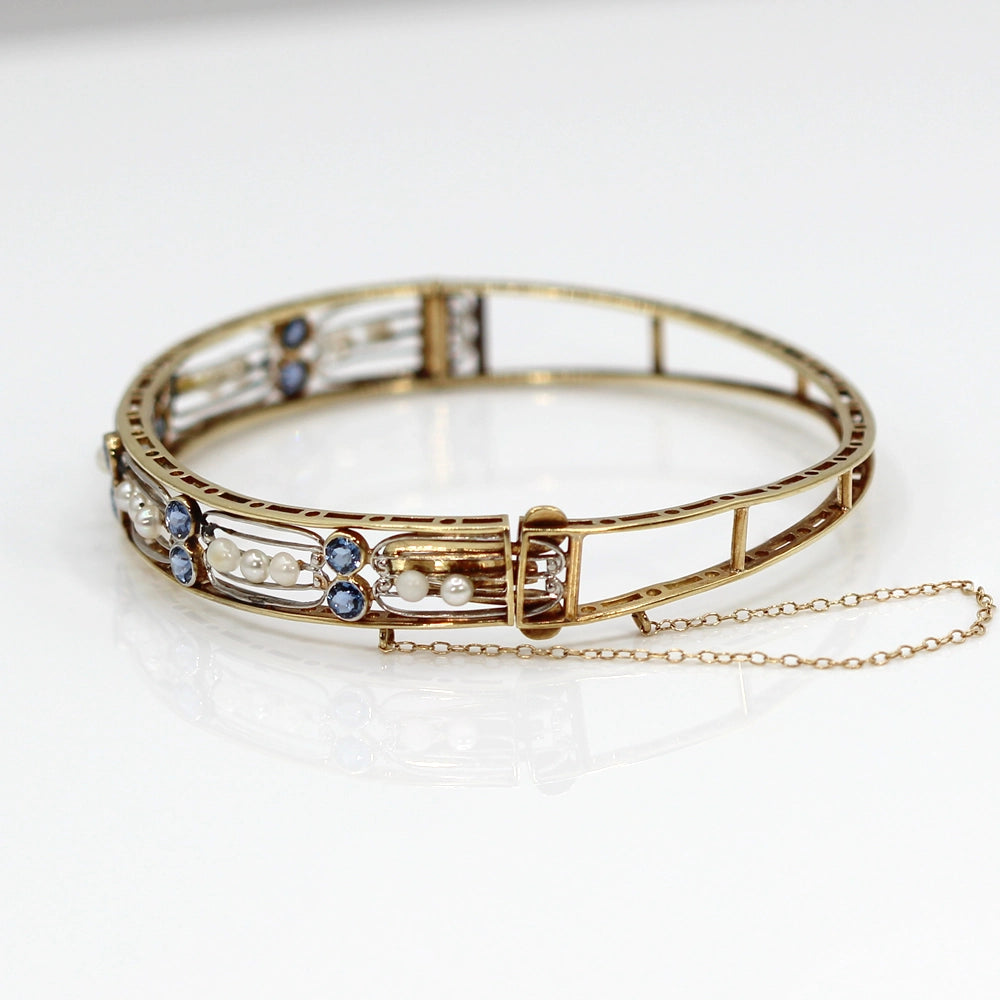 Vintage 14K Yellow Gold Pearl and Sapphire Bracelet SIZE 7