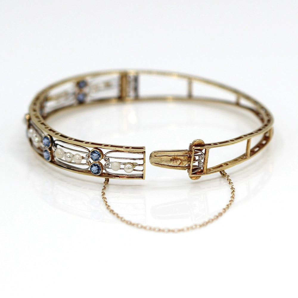 Vintage 14K Yellow Gold Pearl and Sapphire Bracelet SIZE 7